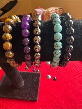 Handmade Beaded Stretch Bracelet - Turquoise, Black, Purple, Brown, Gray